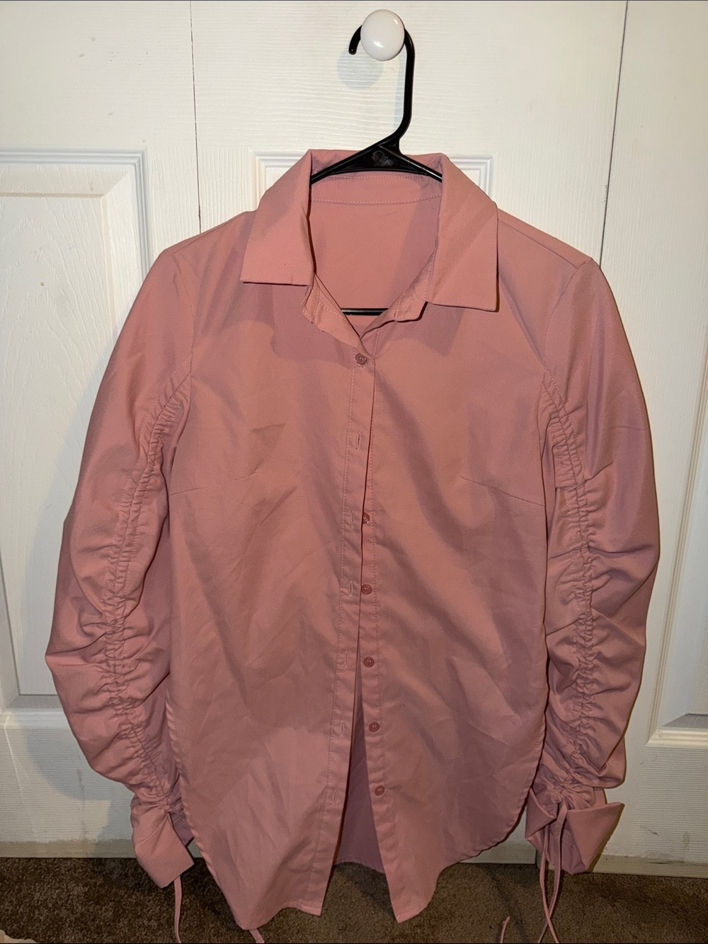 SHEIN Pink Ruched-Sleeve Button-Up Blazer Shirt